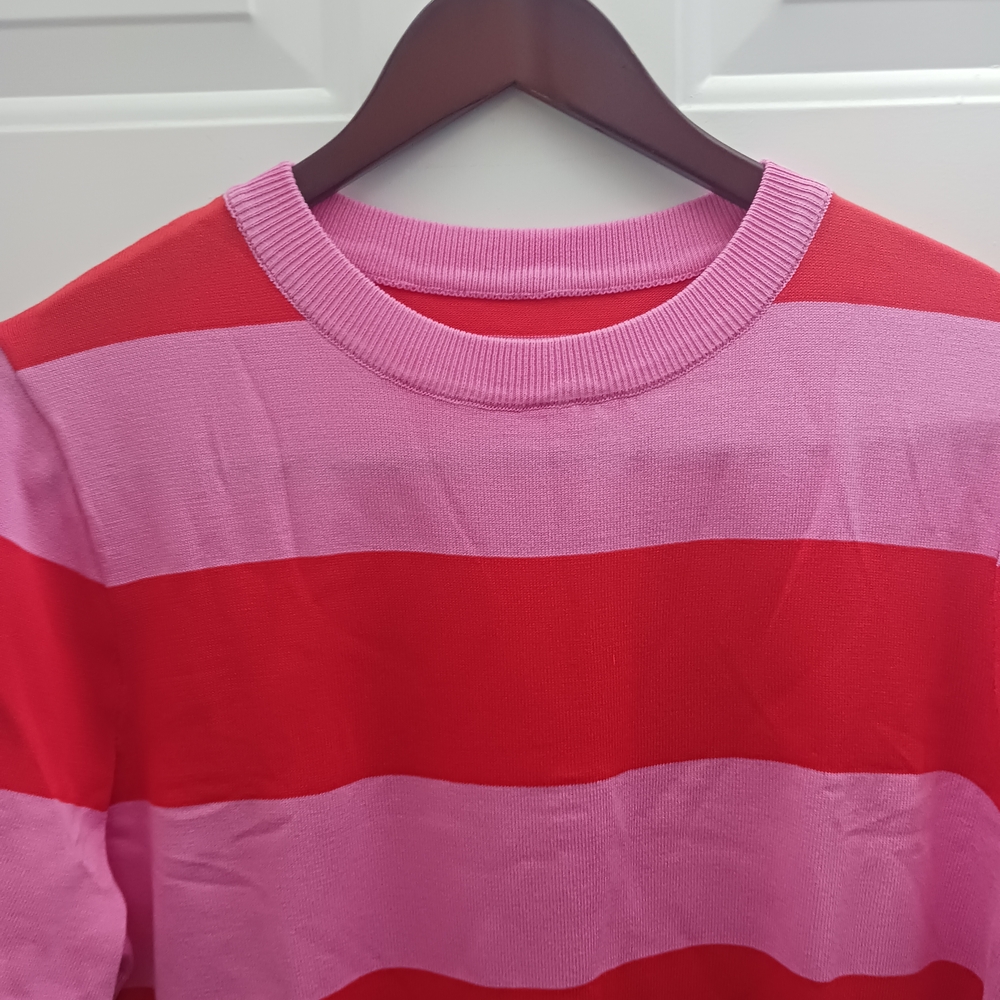 Vibrant Red and Pink Striped Women's Sweater - Picture 2 of 8